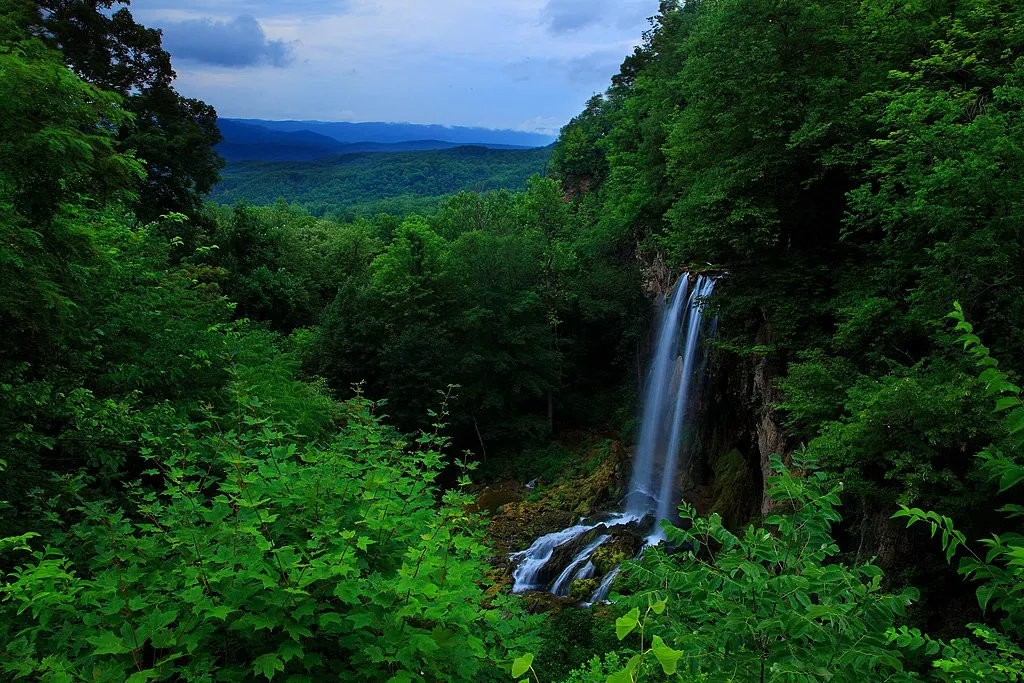 A tall waterfall cascades down a rocky cliff surrounded by dense, lush green forest—one of the best hikes in Blue Ridge, GA—